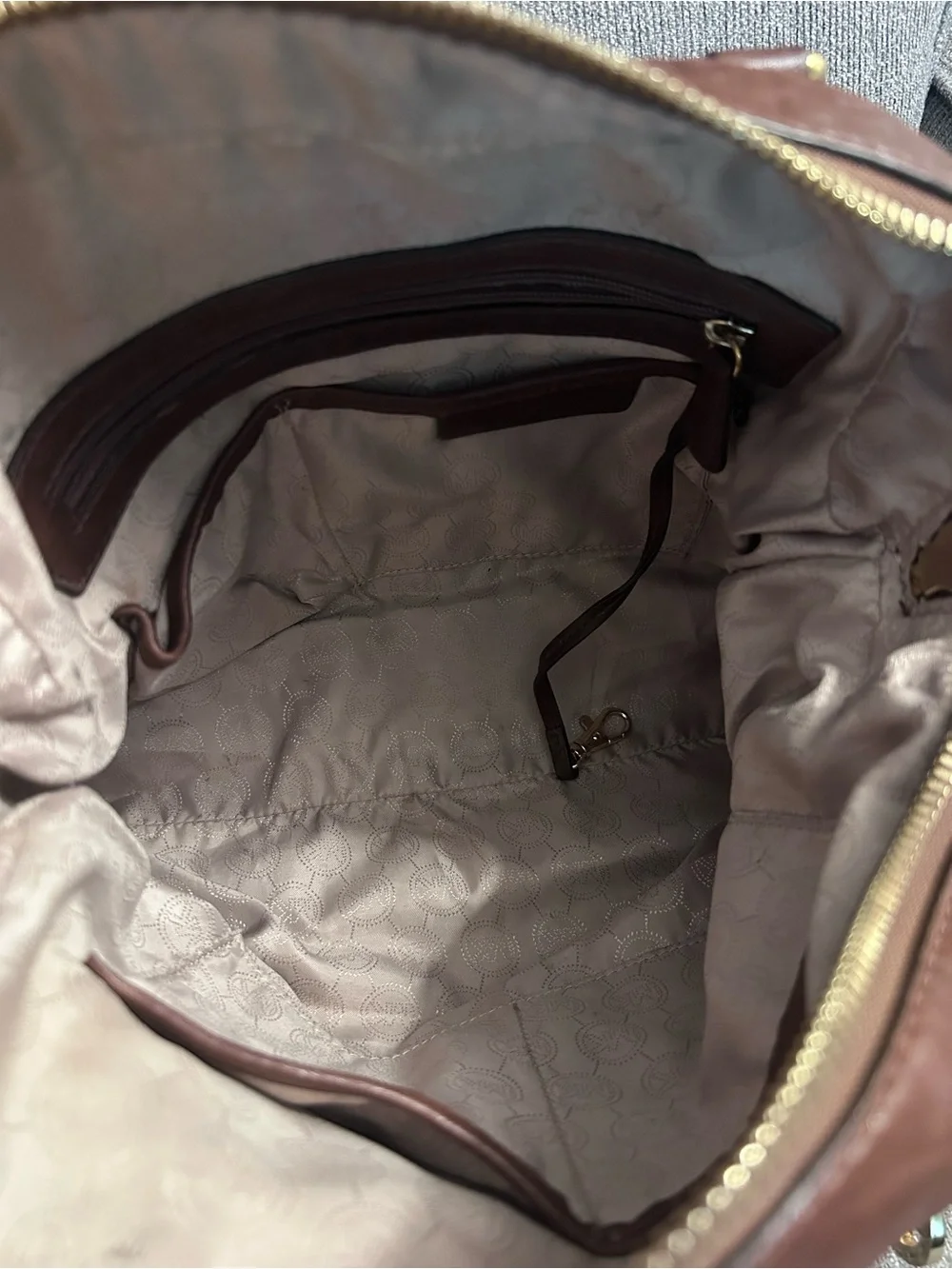 Michael Kors Brown Studded Leather Satchel with leather & chain crossbody strap